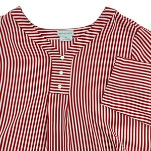 Van Heusen Blouse Womens Medium Red White Striped Excellent 3/4 Sleeve V-Neck